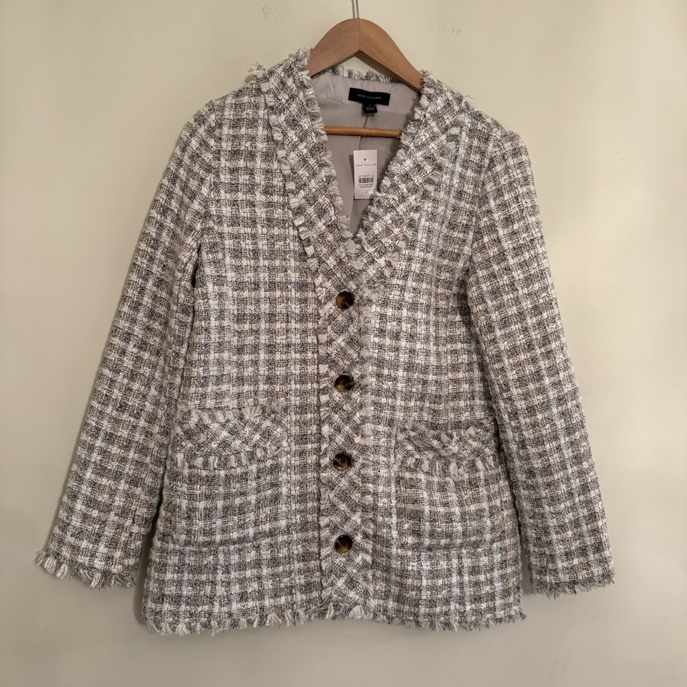 Ann Taylor Fringe Tweed Cardigan Jacket Size‎ 2 Classic Business Casual Gray NWT